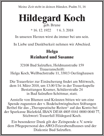 Anzeige  Hildegard Koch  Lippische Landes-Zeitung