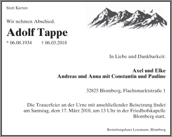 Anzeige  Adolf Tappe  Lippische Landes-Zeitung