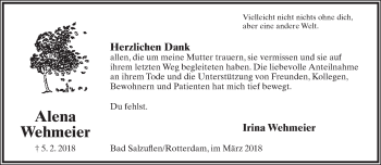 Anzeige  Alena Wehmeier  Lippische Landes-Zeitung