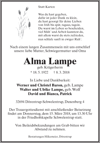 Anzeige  Alma Lampe  Lippische Landes-Zeitung