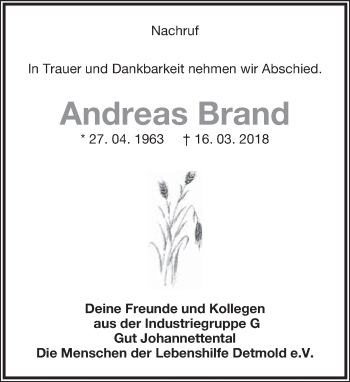 Anzeige  Andreas Brand  Lippische Landes-Zeitung