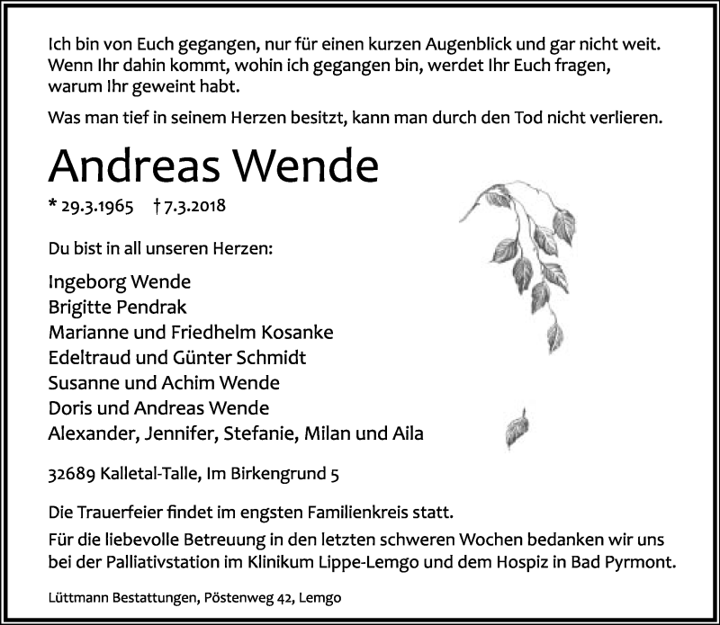  Traueranzeige für Andreas Wende vom 10.03.2018 aus Lippische Landes-Zeitung