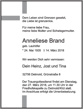 Anzeige  Anneliese Brand  Lippische Landes-Zeitung