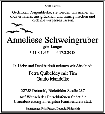 Anzeige  Anneliese Schweingruber  Lippische Landes-Zeitung
