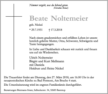 Anzeige  Beate Noltemeier  Lippische Landes-Zeitung