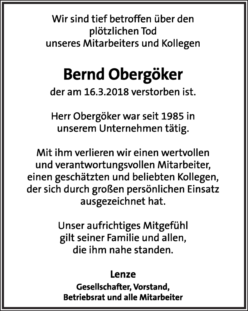  Traueranzeige für Bernd Obergöker vom 24.03.2018 aus Lippische Landes-Zeitung