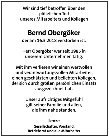 Anzeige  Bernd Obergöker  Lippische Landes-Zeitung