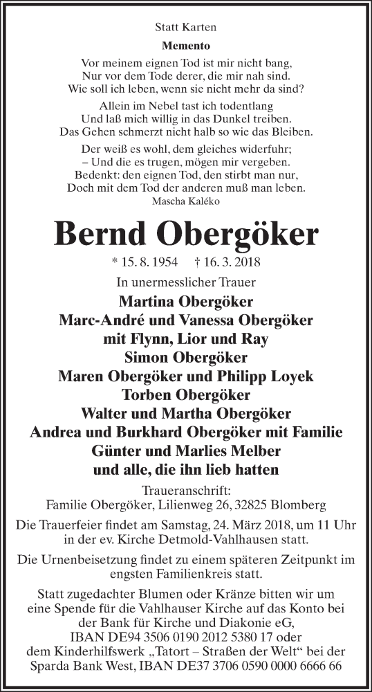  Traueranzeige für Bernd Obergöker vom 21.03.2018 aus Lippische Landes-Zeitung