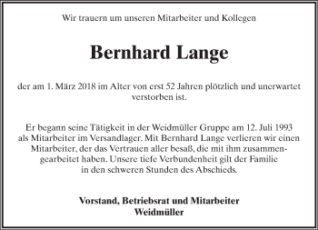 Anzeige  Bernhard Lange  Lippische Landes-Zeitung