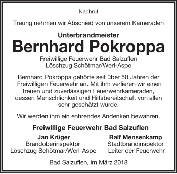 Anzeige  Bernhard Pokroppa  Lippische Landes-Zeitung