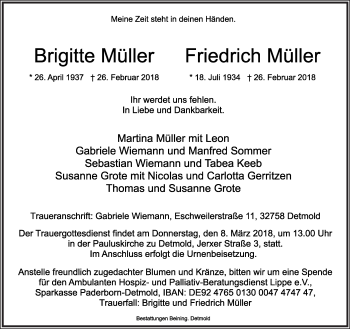 Anzeige  Brigitte Müller  Lippische Landes-Zeitung