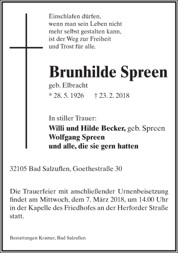 Anzeige  Brunhilde Spreen  Lippische Landes-Zeitung