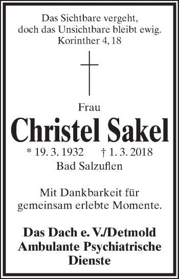 Anzeige  Christa Sakel  Lippische Landes-Zeitung