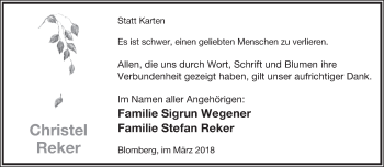 Anzeige  Christel Reker  Lippische Landes-Zeitung