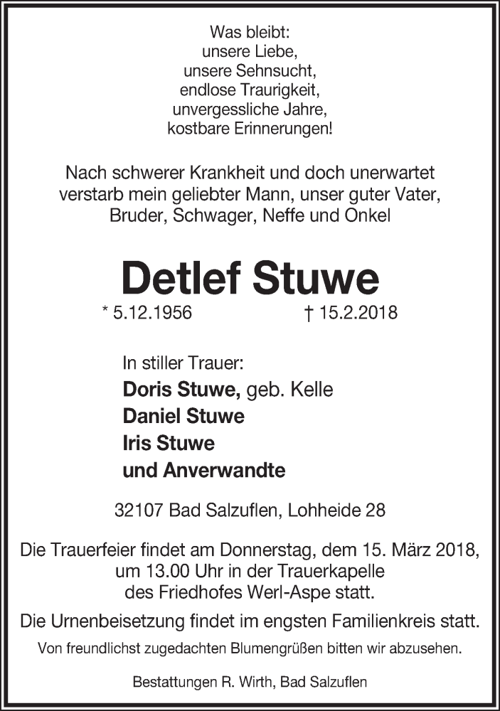  Traueranzeige für Detlef Stuwe vom 03.03.2018 aus Lippische Landes-Zeitung