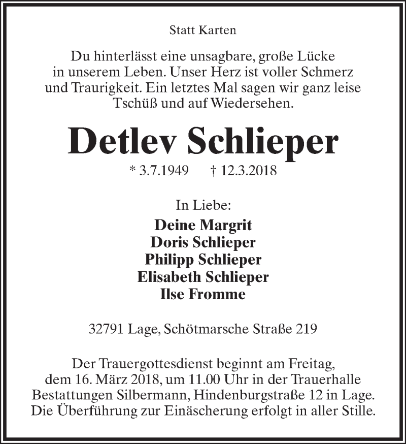  Traueranzeige für Detlev Schlieper vom 14.03.2018 aus Lippische Landes-Zeitung