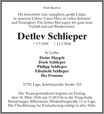 Anzeige  Detlev Schlieper  Lippische Landes-Zeitung