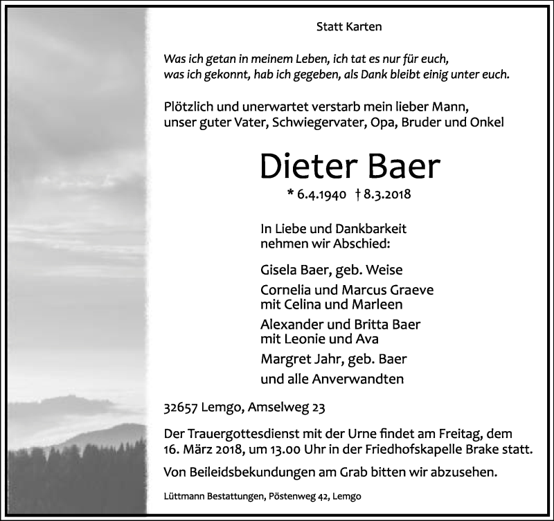  Traueranzeige für Dieter Baer vom 10.03.2018 aus Lippische Landes-Zeitung