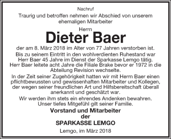 Anzeige  Dieter Baer  Lippische Landes-Zeitung