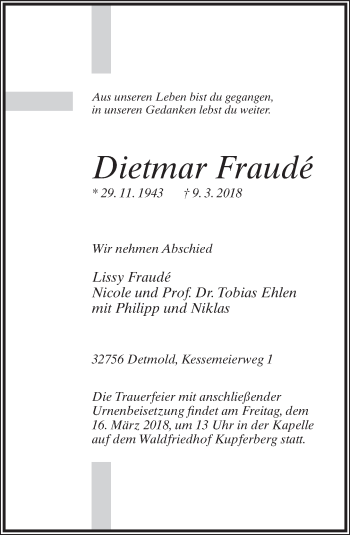 Anzeige  Dietmar Fraudé  Lippische Landes-Zeitung