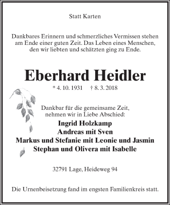 Anzeige  Eberhard Heidler  Lippische Landes-Zeitung