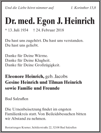 Anzeige  Egon J. Heinrich  Lippische Landes-Zeitung