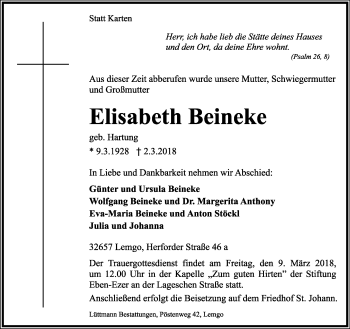 Anzeige  Elisabeth Beineke  Lippische Landes-Zeitung