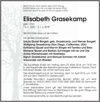 Anzeige  Elisabeth Grasekamp  Lippische Landes-Zeitung