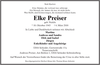 Anzeige  Elke Preiser  Lippische Landes-Zeitung