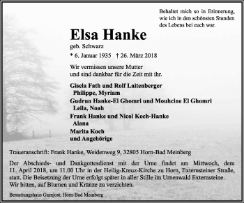Anzeige  Elsa Hanke  Lippische Landes-Zeitung