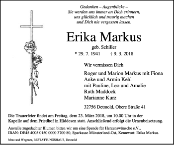 Anzeige  Erika Markus  Lippische Landes-Zeitung