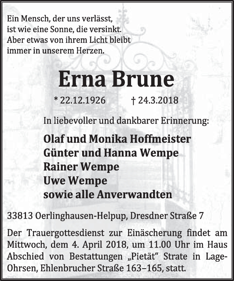  Traueranzeige für Erna Brune vom 30.03.2018 aus Lippische Landes-Zeitung