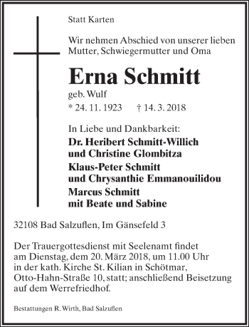 Anzeige  Erna Schmitt  Lippische Landes-Zeitung