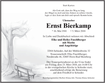 Anzeige  Ernst Bierkamp  Lippische Landes-Zeitung