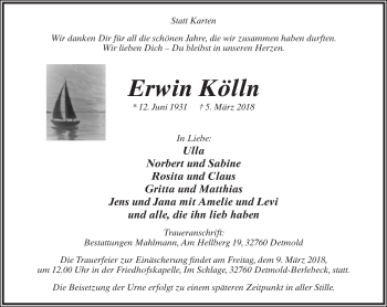Anzeige  Erwin Kölln  Lippische Landes-Zeitung