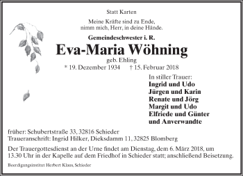 Anzeige  Eva-Maria Wöhning  Lippische Landes-Zeitung