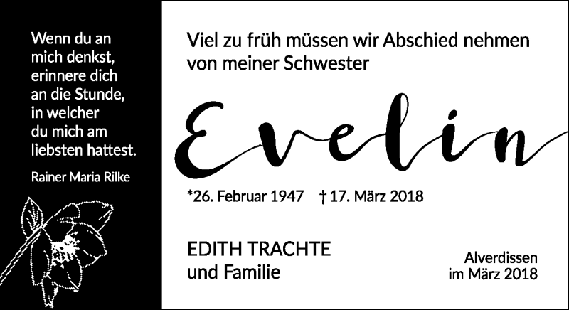  Traueranzeige für Evelin Bartels vom 20.03.2018 aus Lippische Landes-Zeitung