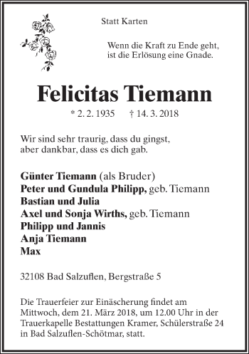 Anzeige  Felicitas Tiemann  Lippische Landes-Zeitung