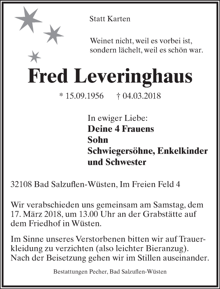  Traueranzeige für Fred Leveringhaus vom 10.03.2018 aus Lippische Landes-Zeitung