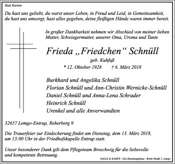 Anzeige  Frieda Schnüll  Lippische Landes-Zeitung