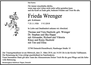 Anzeige  Frieda Wrenger  Lippische Landes-Zeitung