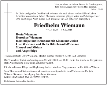 Anzeige  Friedhelm Wiemann  Lippische Landes-Zeitung