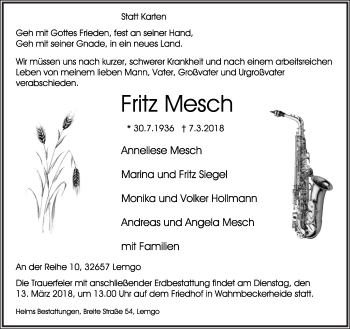 Anzeige  Fritz Mesch  Lippische Landes-Zeitung