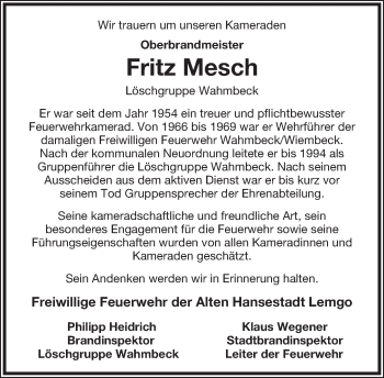 Anzeige  Fritz Mesch  Lippische Landes-Zeitung