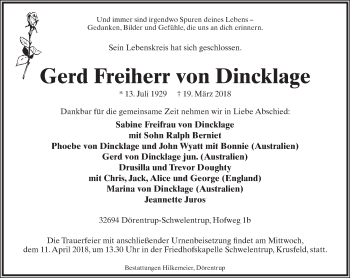 Anzeige  Gerd  Freiherr von Dincklage  Lippische Landes-Zeitung