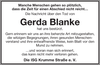 Anzeige  Gerda Blanke  Lippische Landes-Zeitung