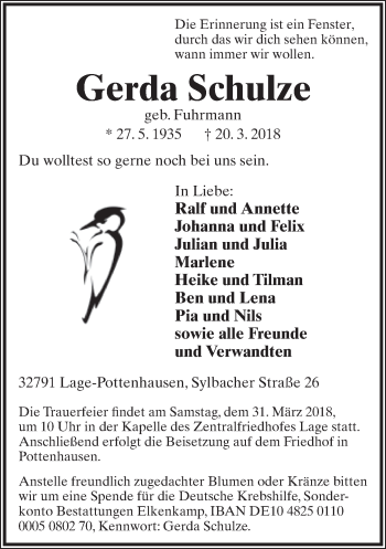 Anzeige  Gerda Schulze  Lippische Landes-Zeitung