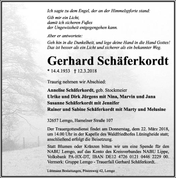 Anzeige  Gerhard Schäferkordt  Lippische Landes-Zeitung