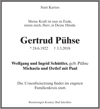 Anzeige  Gertrud Pühse  Lippische Landes-Zeitung