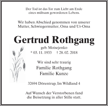 Anzeige  Gertrud Rothgang  Lippische Landes-Zeitung